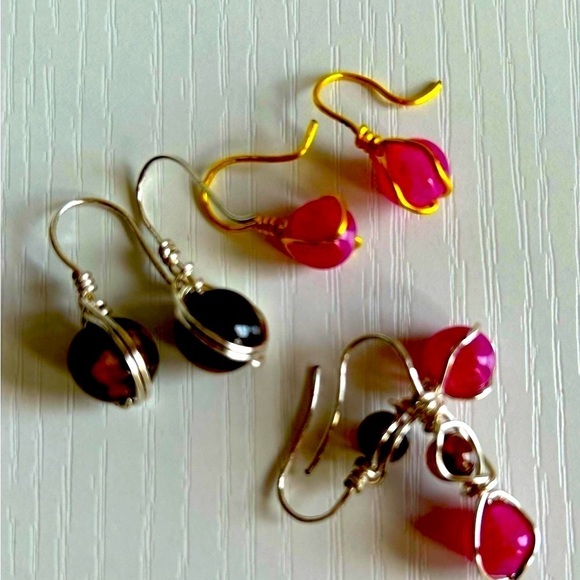 Tiger eyes fuchsia agate lot of three pairs wired handmade earrings .New - Picture 2 of 6